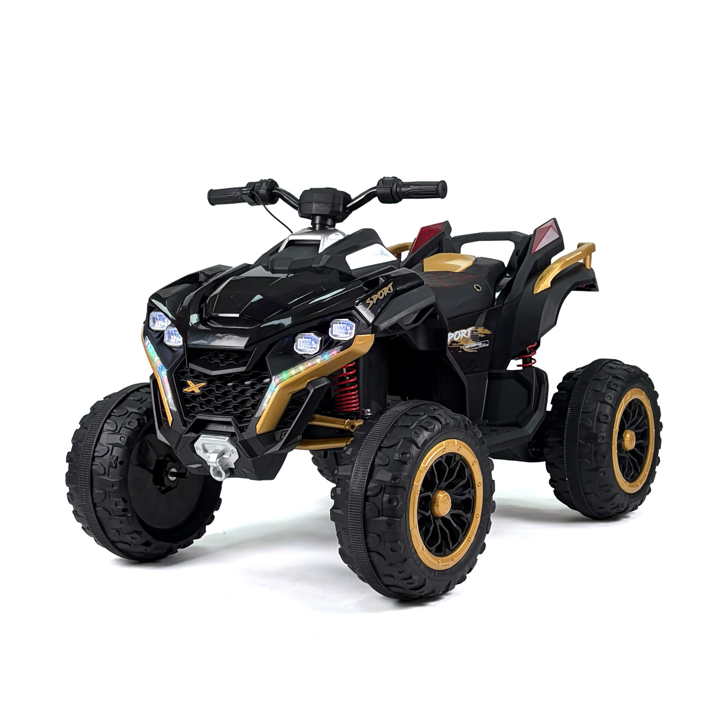 ATV Motique nero e oro, vista a tre quarti anteriore